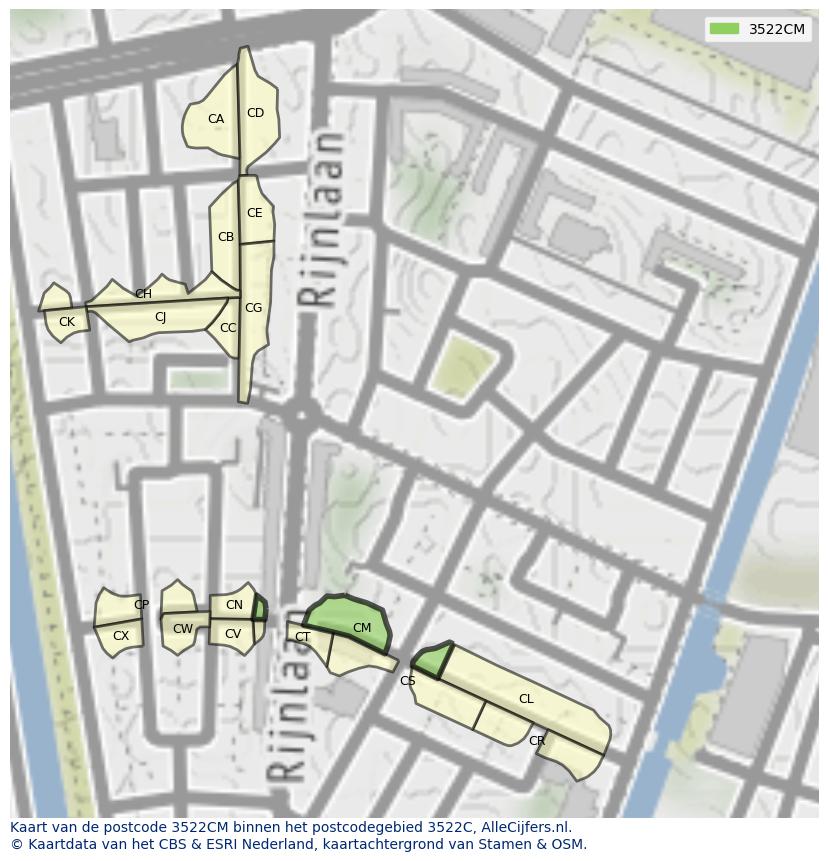 Afbeelding van het postcodegebied 3522 CM op de kaart.