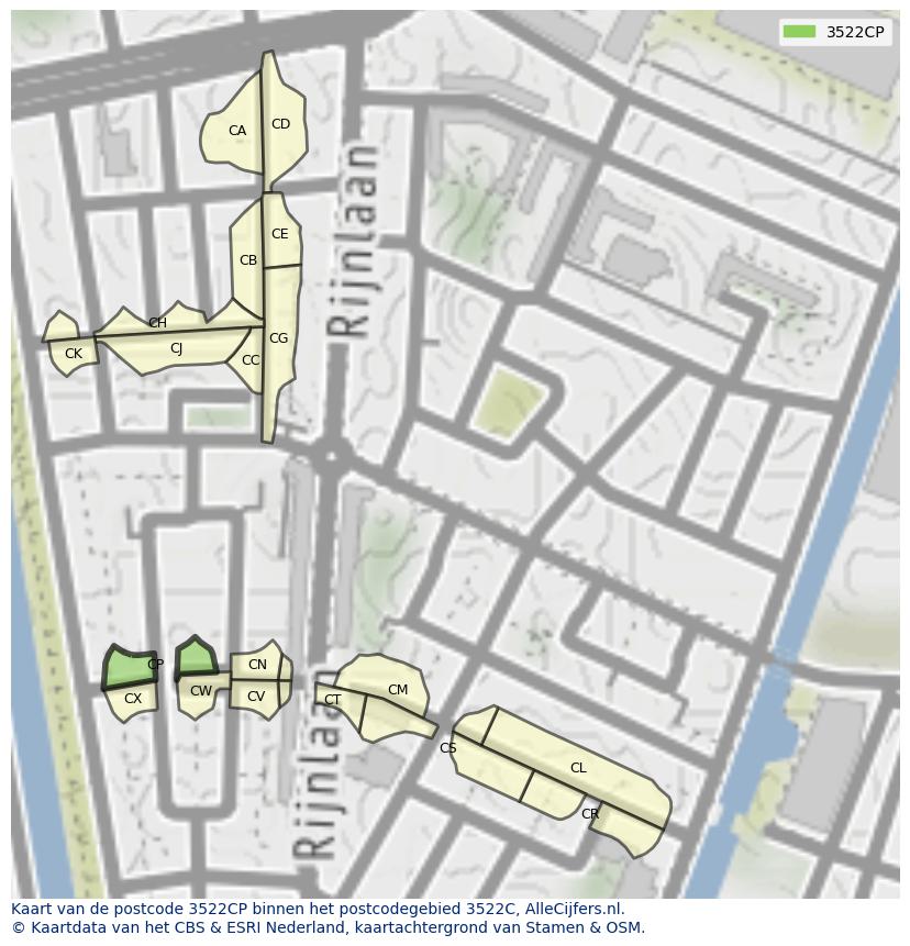 Afbeelding van het postcodegebied 3522 CP op de kaart.