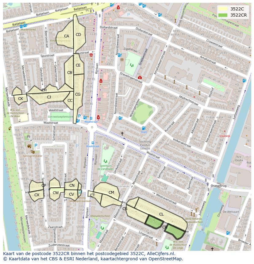Afbeelding van het postcodegebied 3522 CR op de kaart.