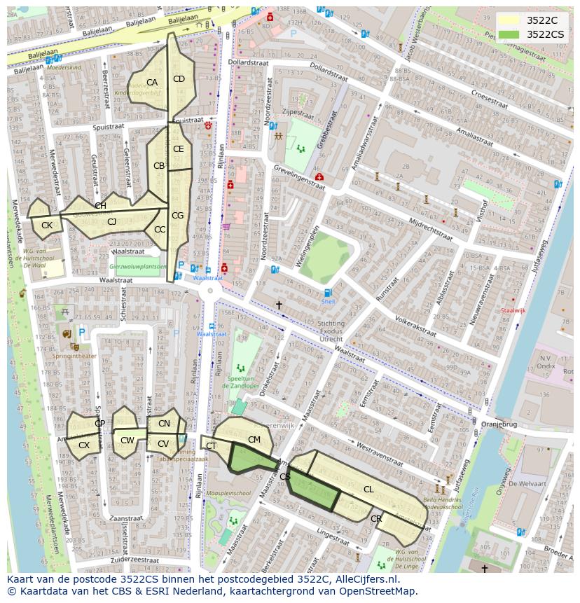 Afbeelding van het postcodegebied 3522 CS op de kaart.