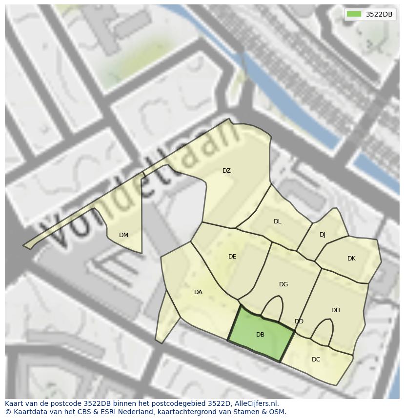 Afbeelding van het postcodegebied 3522 DB op de kaart.