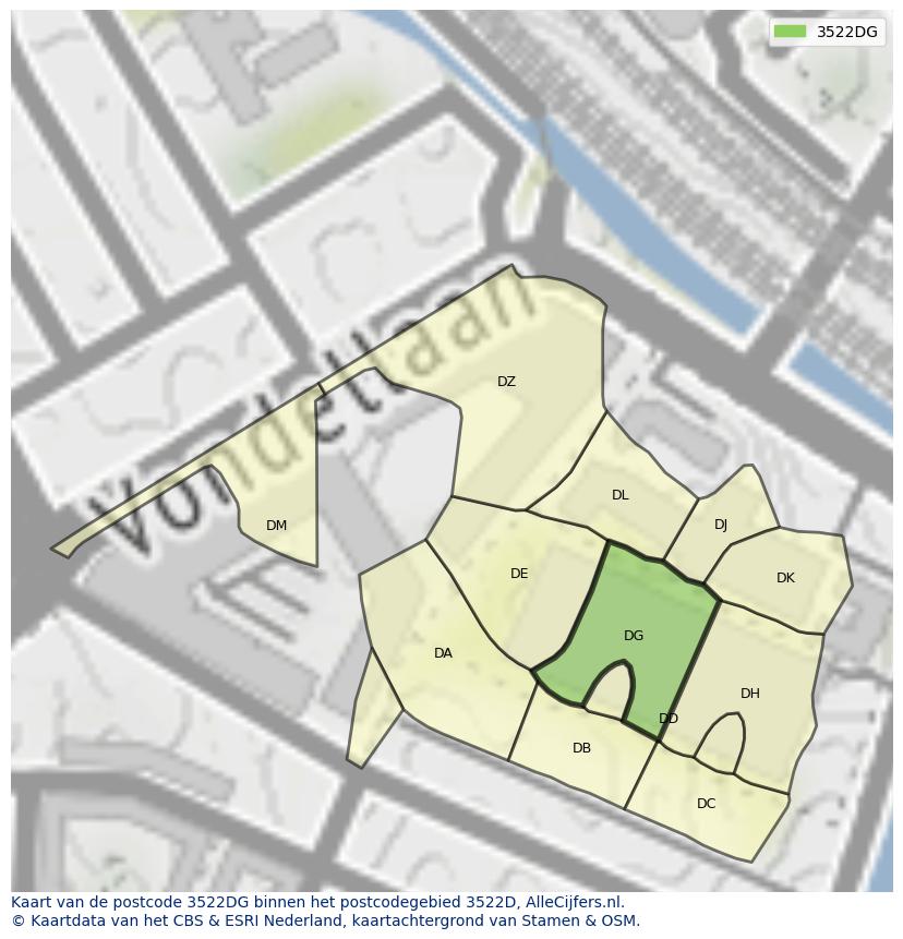 Afbeelding van het postcodegebied 3522 DG op de kaart.