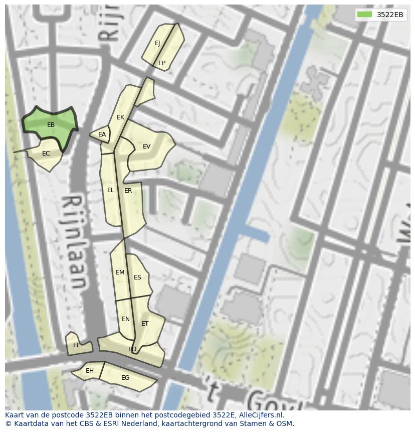 Afbeelding van het postcodegebied 3522 EB op de kaart.