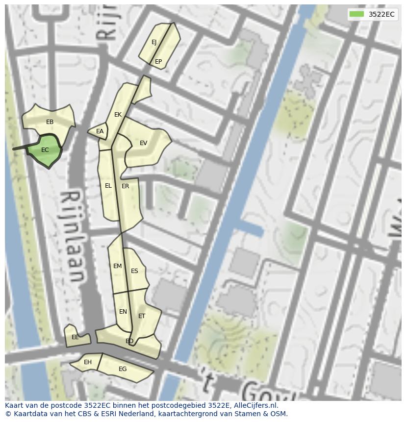 Afbeelding van het postcodegebied 3522 EC op de kaart.
