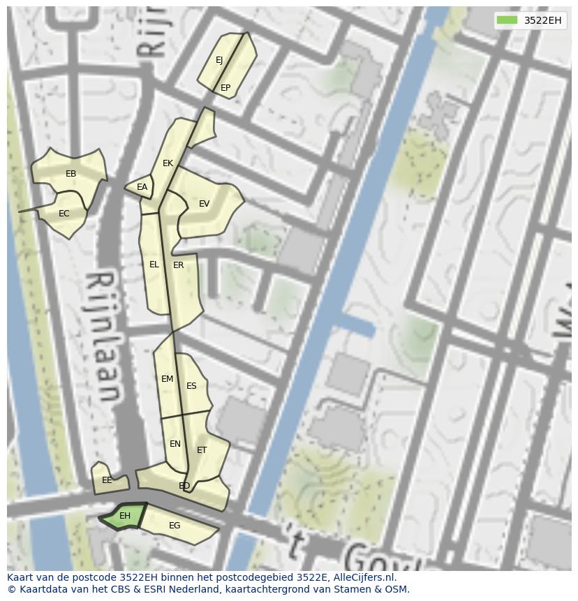 Afbeelding van het postcodegebied 3522 EH op de kaart.