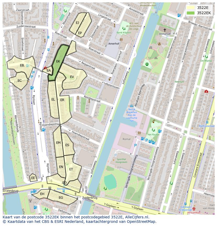 Afbeelding van het postcodegebied 3522 EK op de kaart.