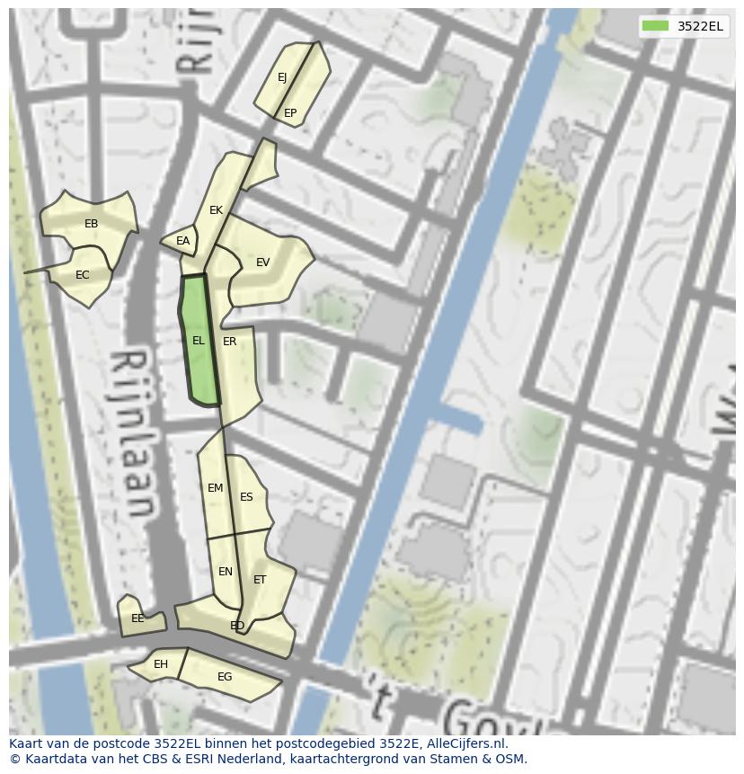 Afbeelding van het postcodegebied 3522 EL op de kaart.