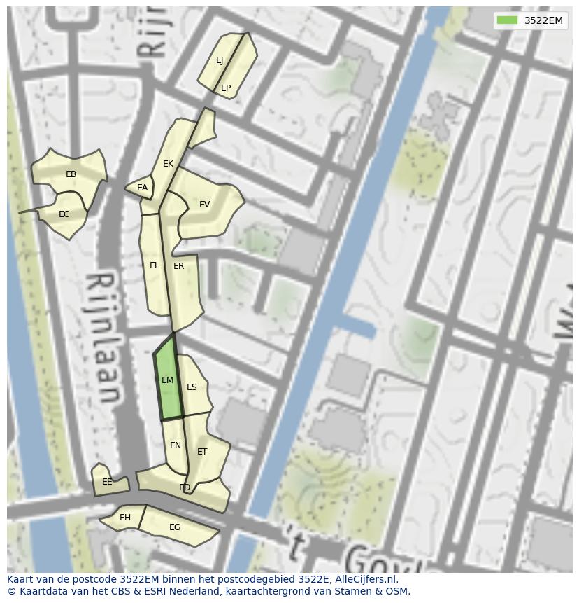 Afbeelding van het postcodegebied 3522 EM op de kaart.