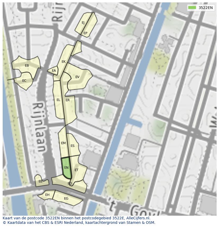 Afbeelding van het postcodegebied 3522 EN op de kaart.