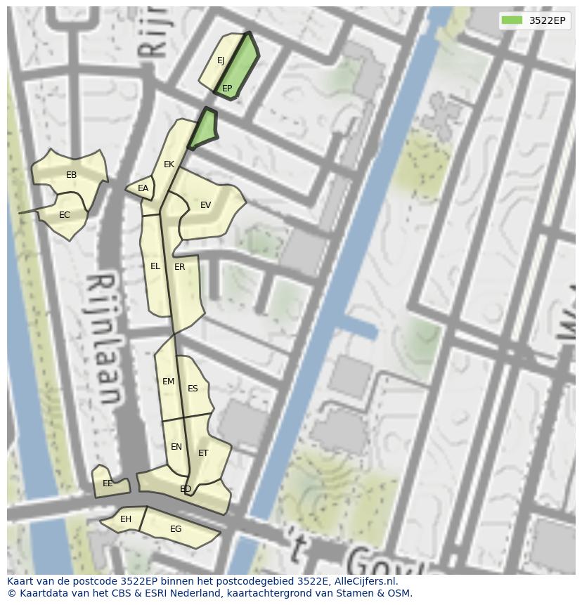 Afbeelding van het postcodegebied 3522 EP op de kaart.