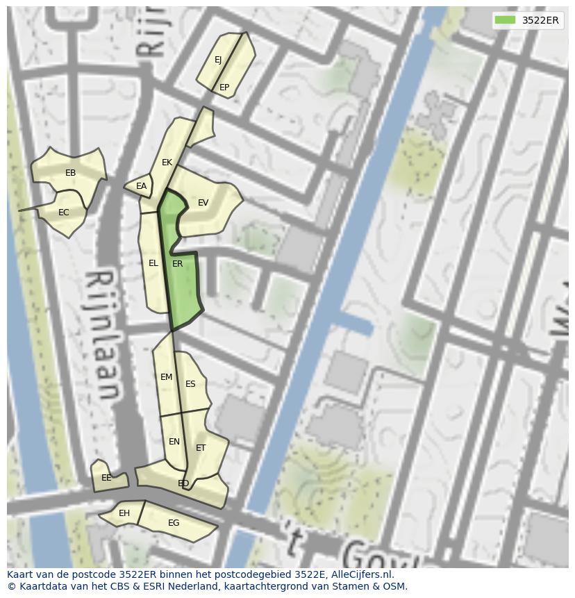 Afbeelding van het postcodegebied 3522 ER op de kaart.