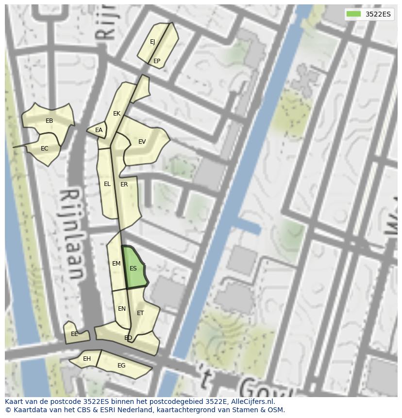 Afbeelding van het postcodegebied 3522 ES op de kaart.