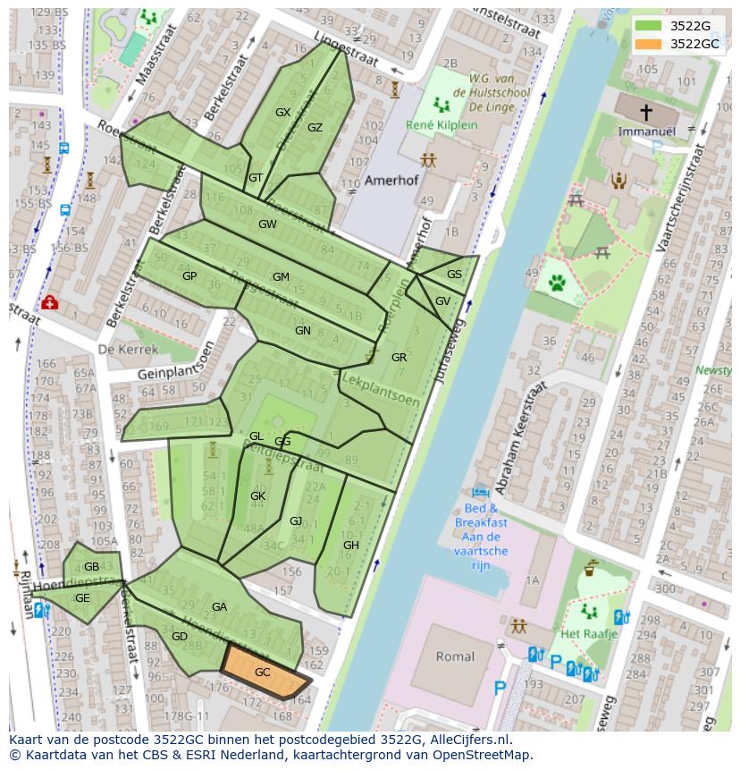 Afbeelding van het postcodegebied 3522 GC op de kaart.