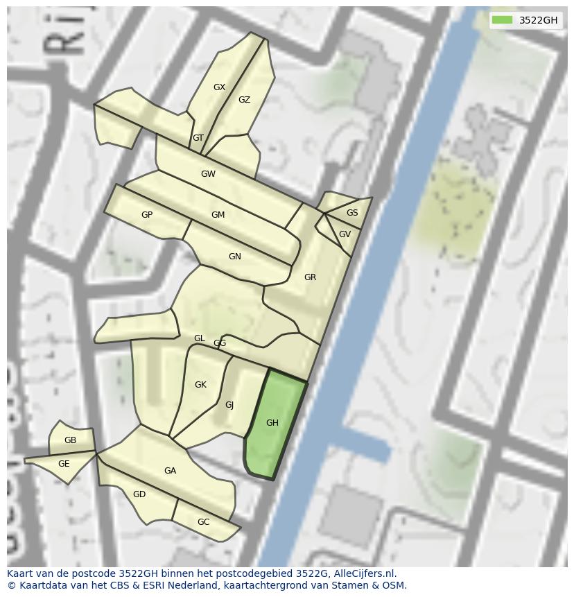 Afbeelding van het postcodegebied 3522 GH op de kaart.