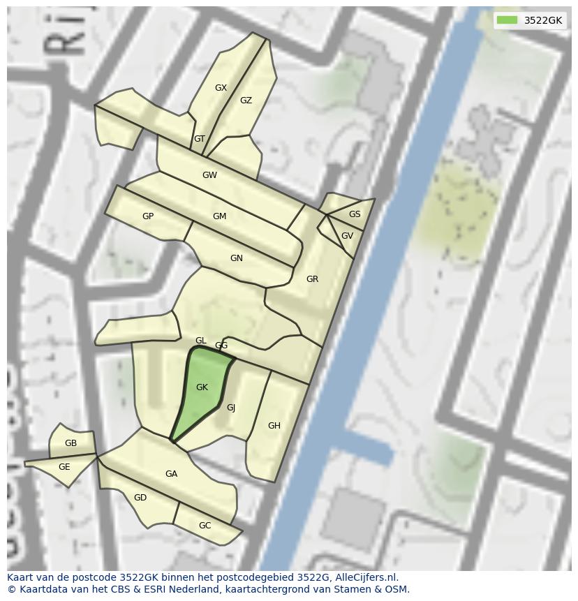 Afbeelding van het postcodegebied 3522 GK op de kaart.