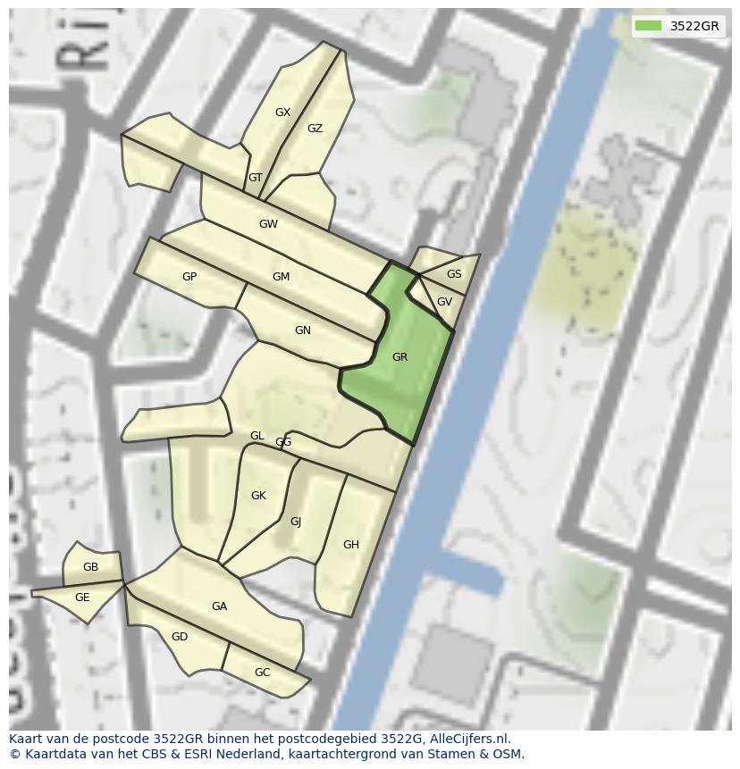 Afbeelding van het postcodegebied 3522 GR op de kaart.