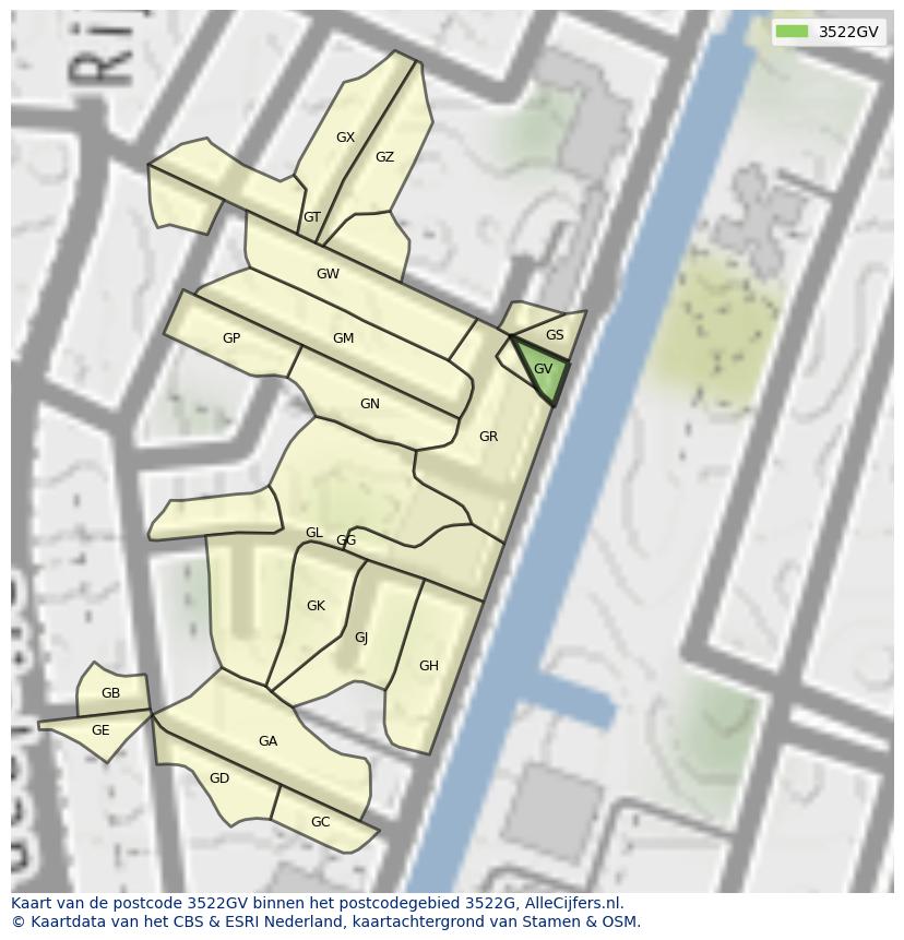 Afbeelding van het postcodegebied 3522 GV op de kaart.