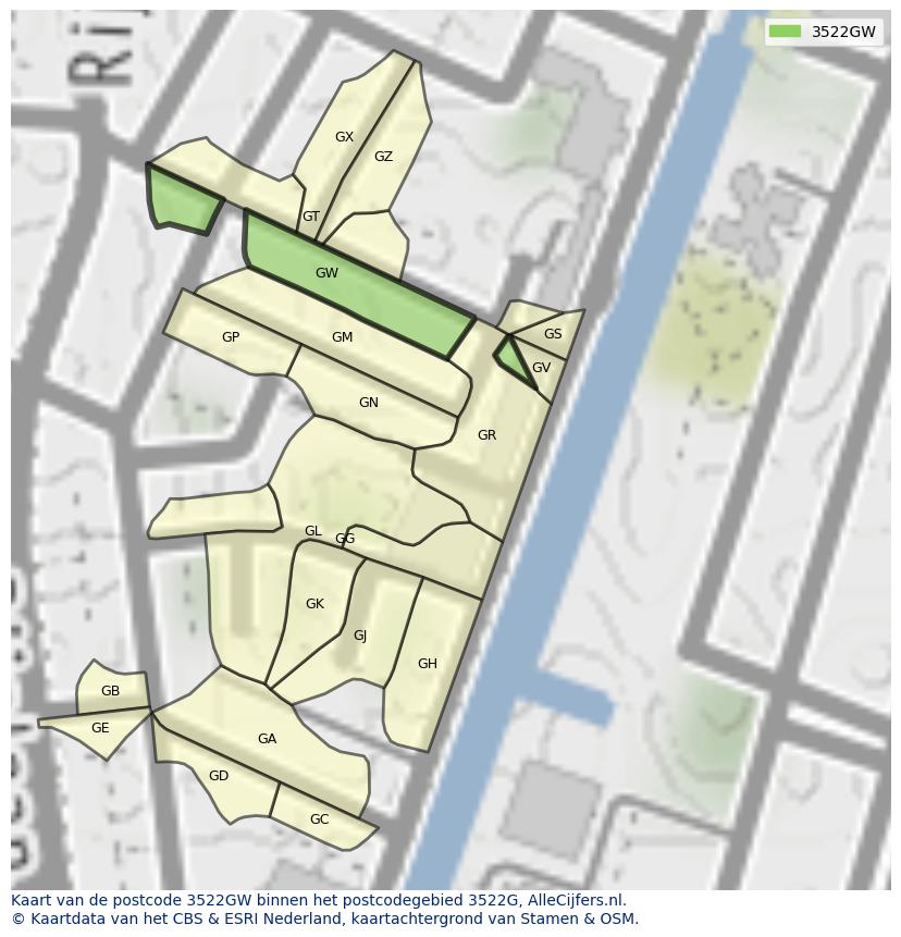 Afbeelding van het postcodegebied 3522 GW op de kaart.
