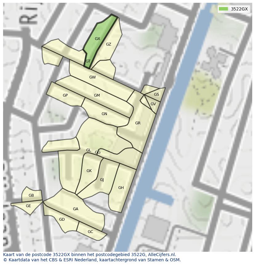 Afbeelding van het postcodegebied 3522 GX op de kaart.