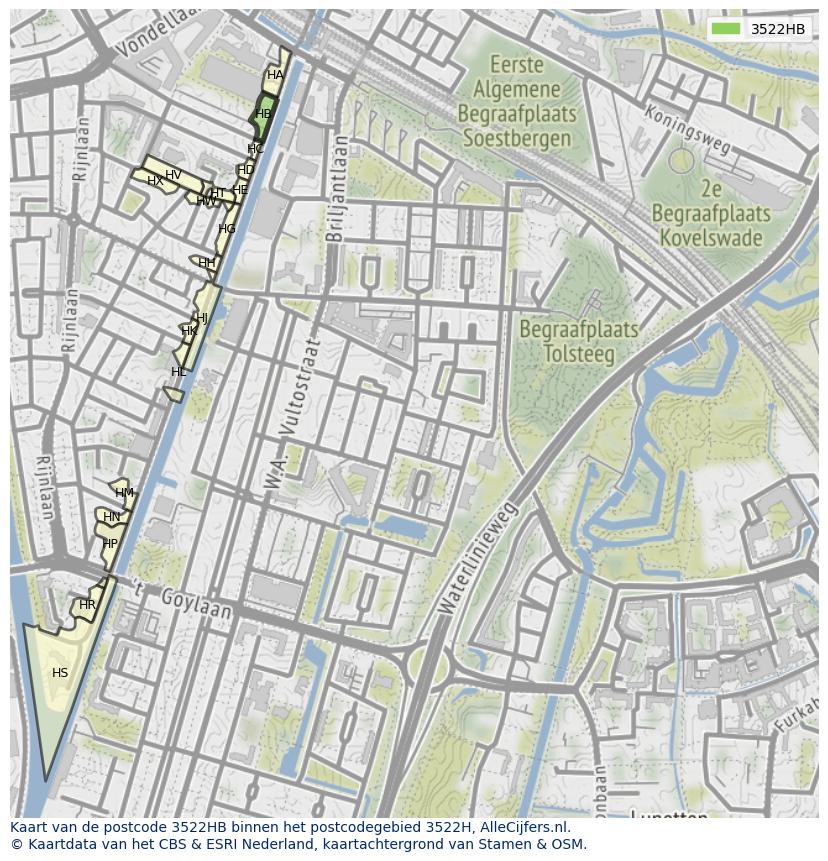 Afbeelding van het postcodegebied 3522 HB op de kaart.