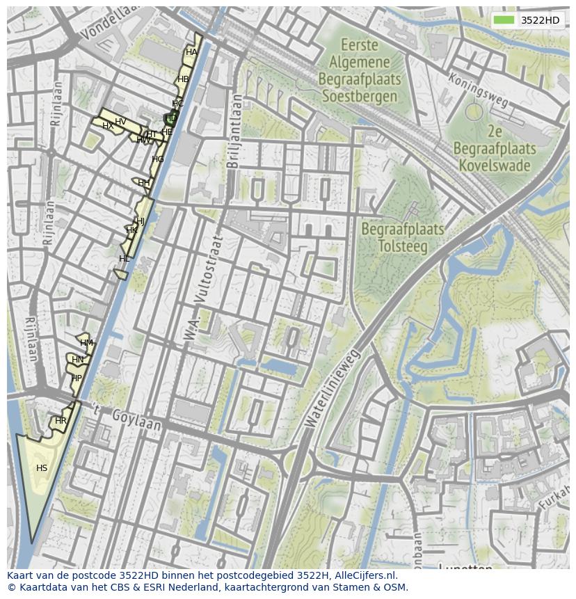 Afbeelding van het postcodegebied 3522 HD op de kaart.