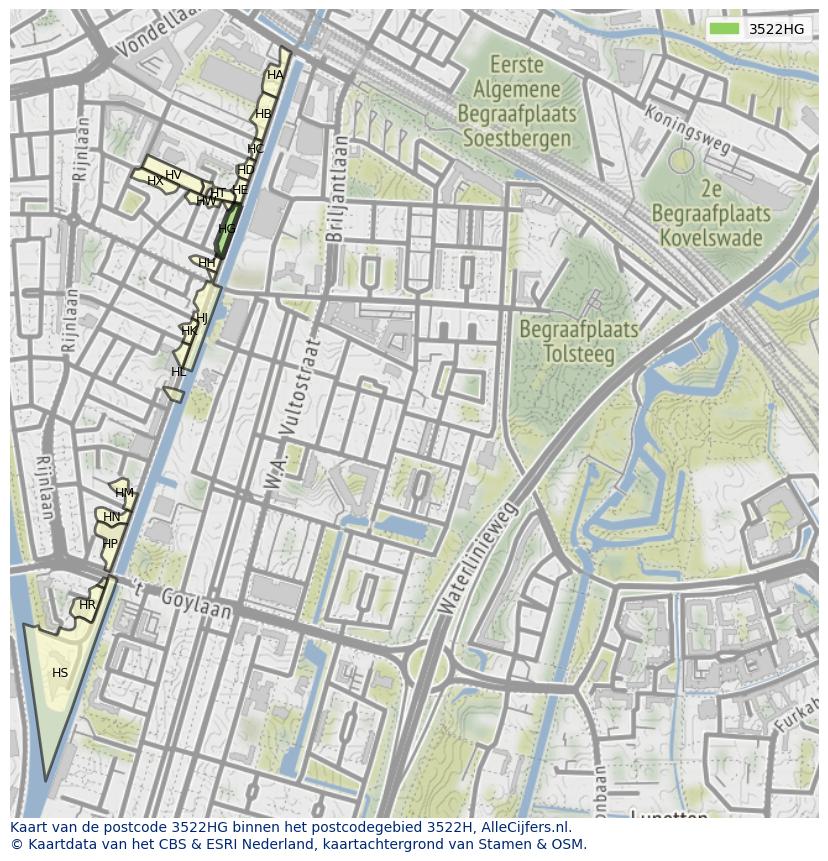 Afbeelding van het postcodegebied 3522 HG op de kaart.