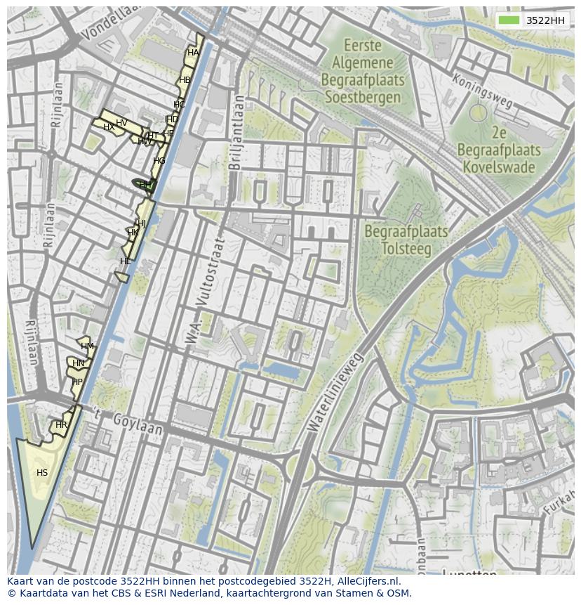 Afbeelding van het postcodegebied 3522 HH op de kaart.