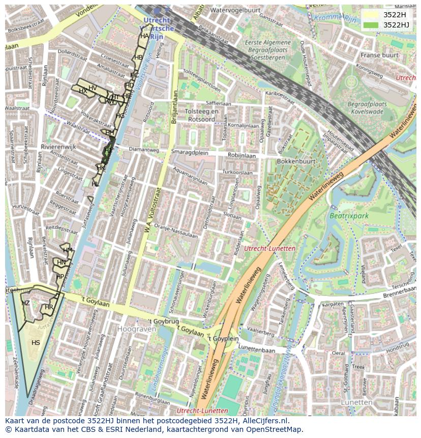 Afbeelding van het postcodegebied 3522 HJ op de kaart.