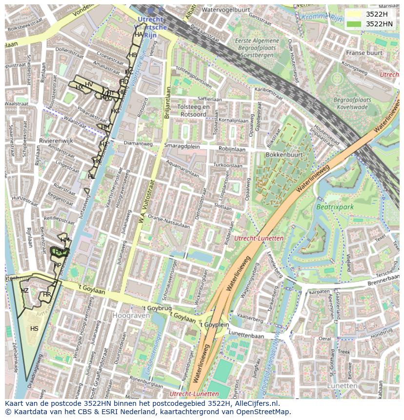 Afbeelding van het postcodegebied 3522 HN op de kaart.