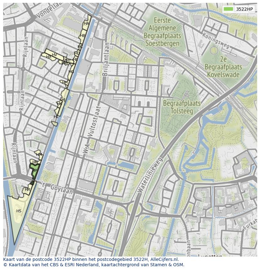 Afbeelding van het postcodegebied 3522 HP op de kaart.