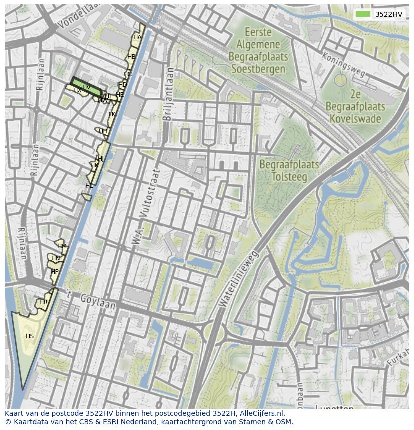 Afbeelding van het postcodegebied 3522 HV op de kaart.