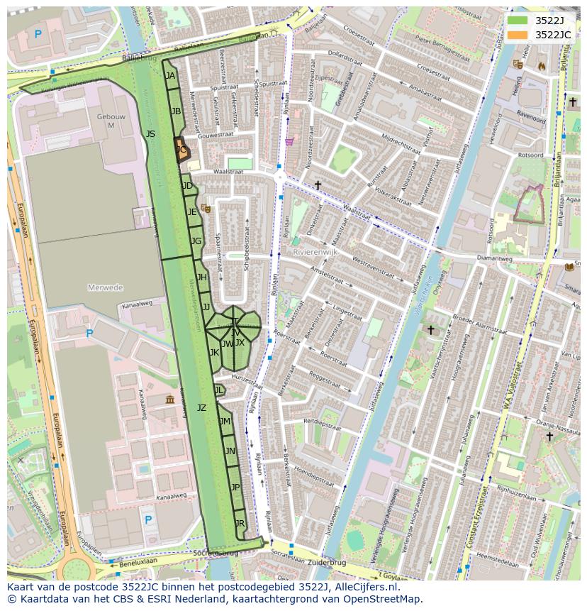 Afbeelding van het postcodegebied 3522 JC op de kaart.
