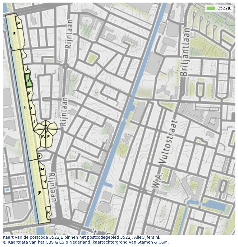 Afbeelding van het postcodegebied 3522 JE op de kaart.