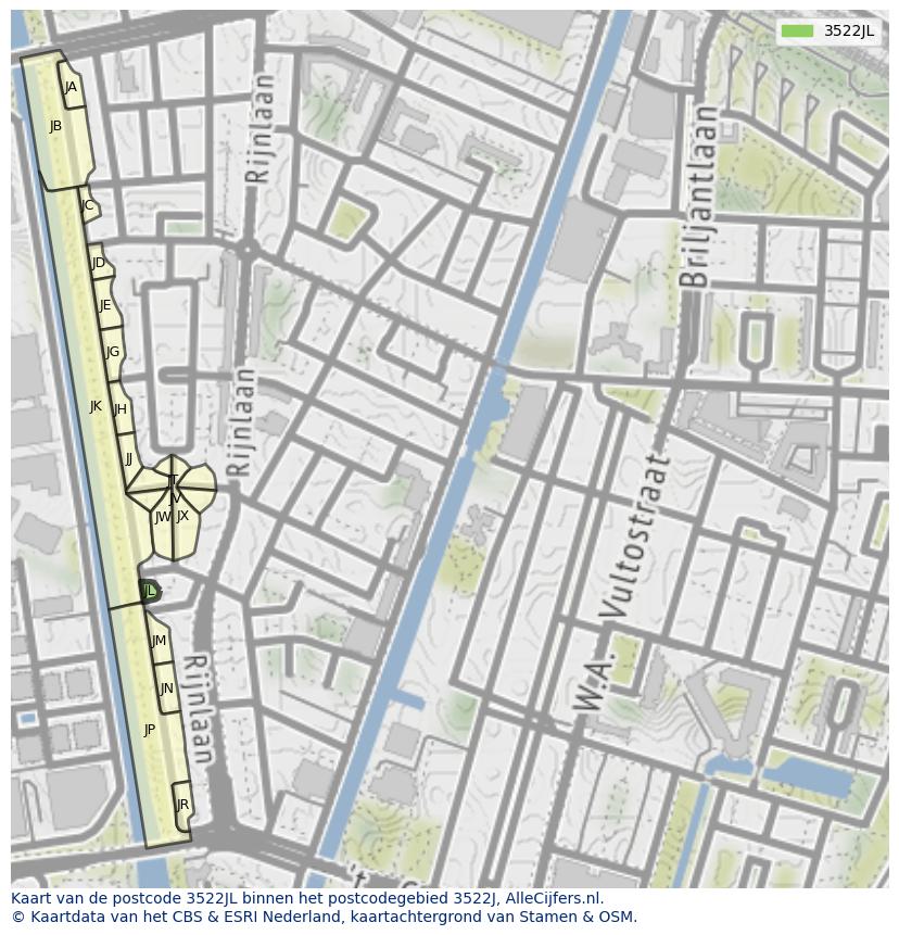 Afbeelding van het postcodegebied 3522 JL op de kaart.