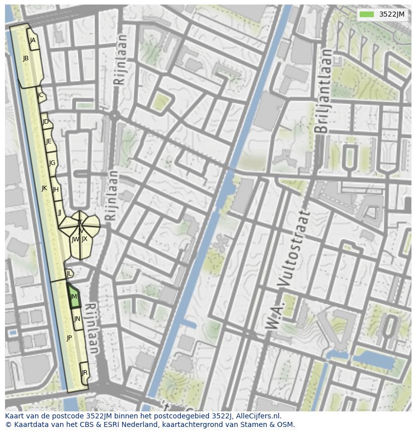 Afbeelding van het postcodegebied 3522 JM op de kaart.