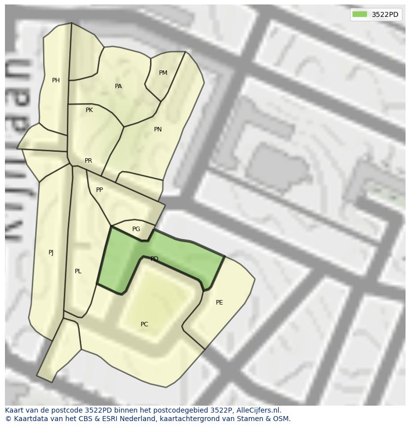Afbeelding van het postcodegebied 3522 PD op de kaart.