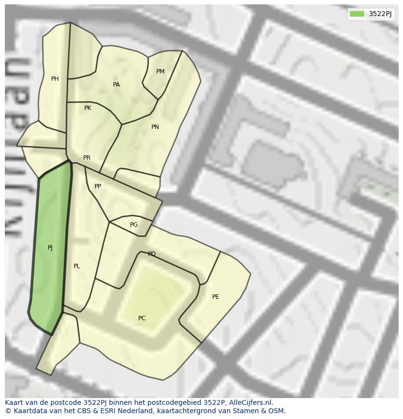 Afbeelding van het postcodegebied 3522 PJ op de kaart.