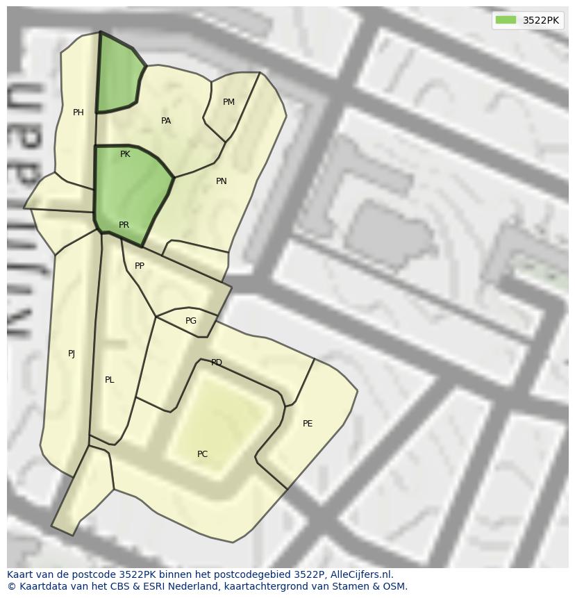 Afbeelding van het postcodegebied 3522 PK op de kaart.