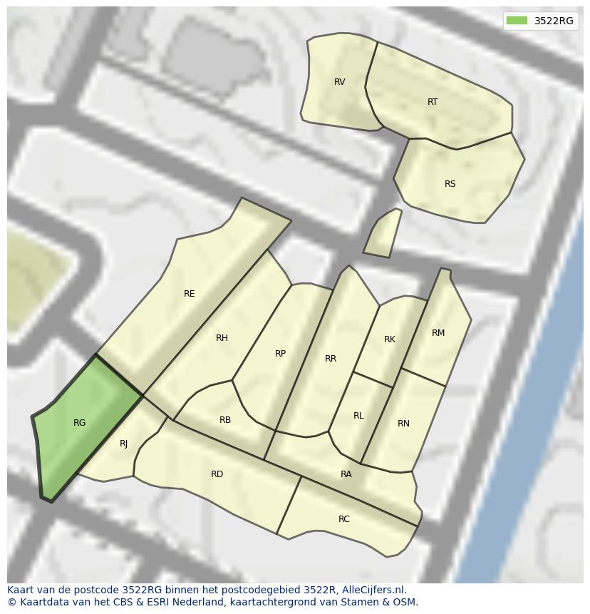 Afbeelding van het postcodegebied 3522 RG op de kaart.