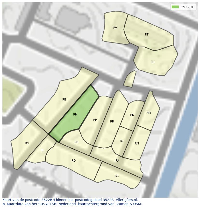 Afbeelding van het postcodegebied 3522 RH op de kaart.