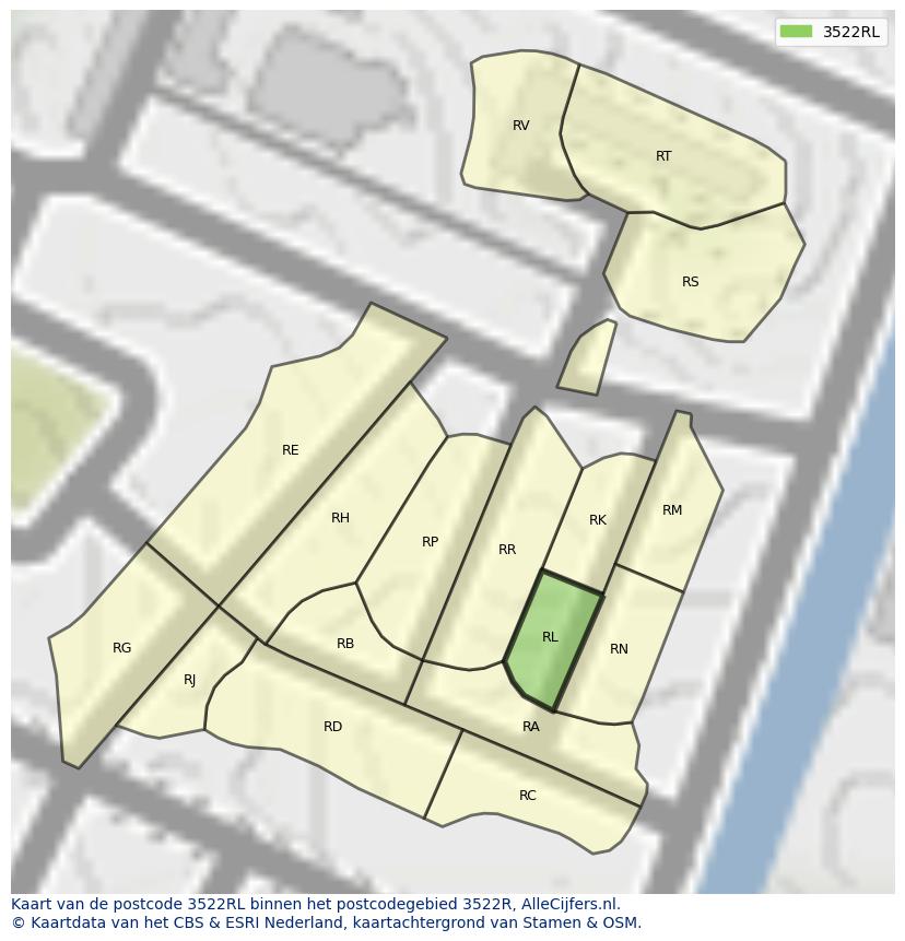 Afbeelding van het postcodegebied 3522 RL op de kaart.