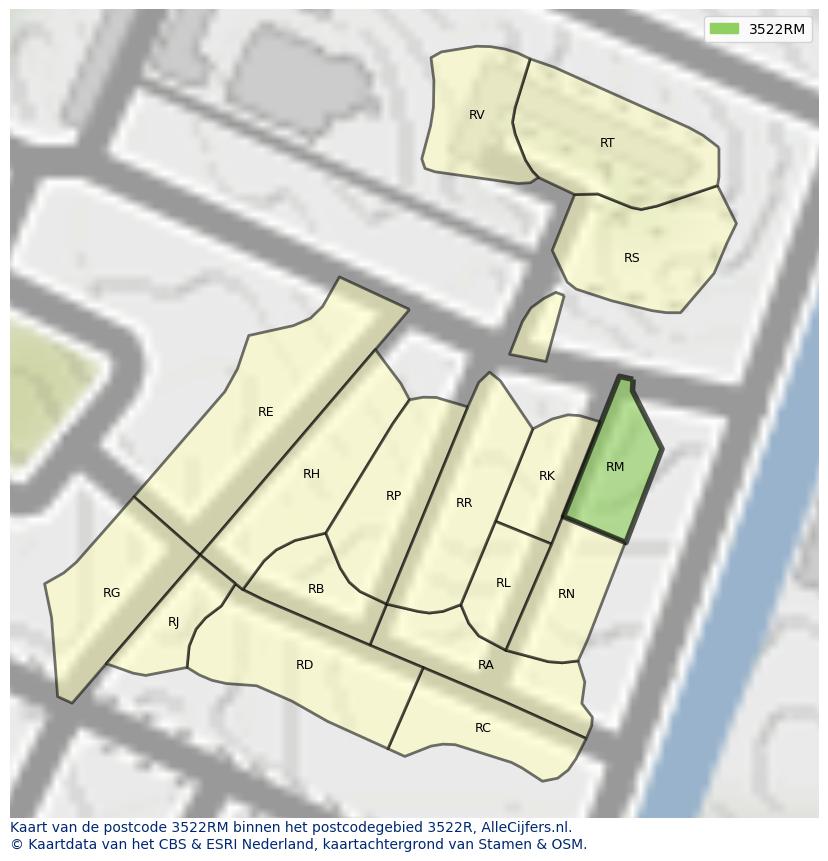 Afbeelding van het postcodegebied 3522 RM op de kaart.