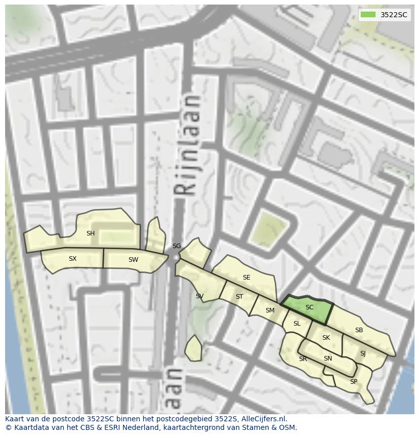 Afbeelding van het postcodegebied 3522 SC op de kaart.