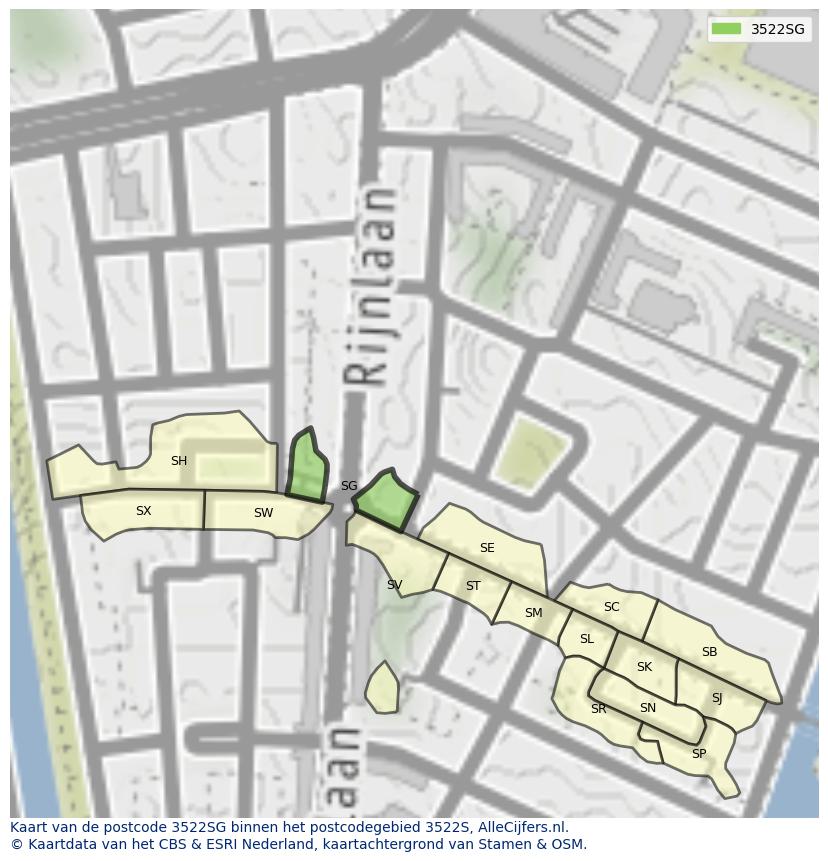 Afbeelding van het postcodegebied 3522 SG op de kaart.