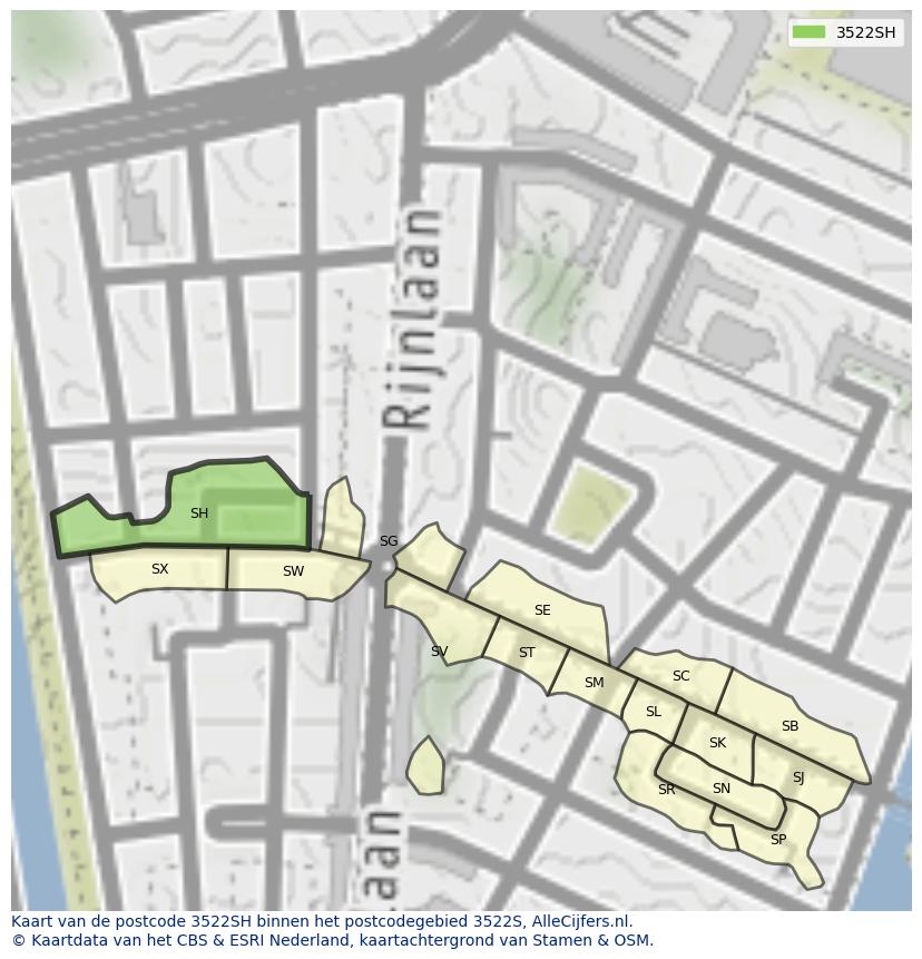 Afbeelding van het postcodegebied 3522 SH op de kaart.