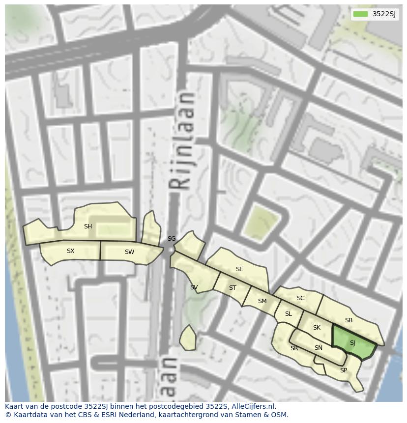 Afbeelding van het postcodegebied 3522 SJ op de kaart.