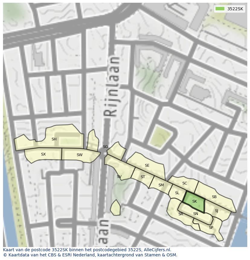 Afbeelding van het postcodegebied 3522 SK op de kaart.