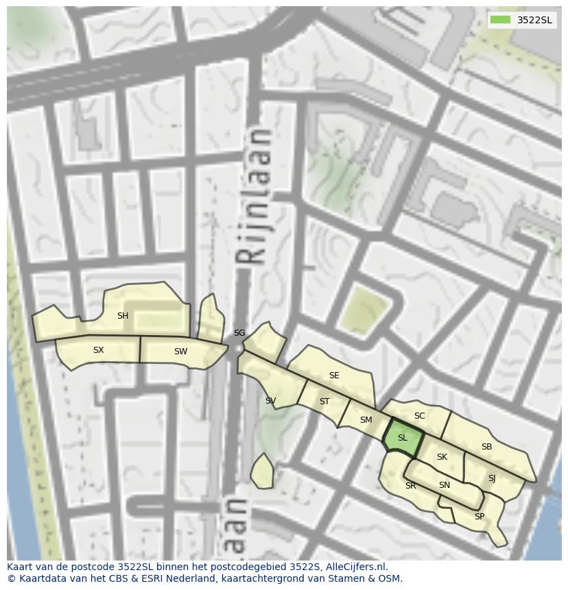 Afbeelding van het postcodegebied 3522 SL op de kaart.