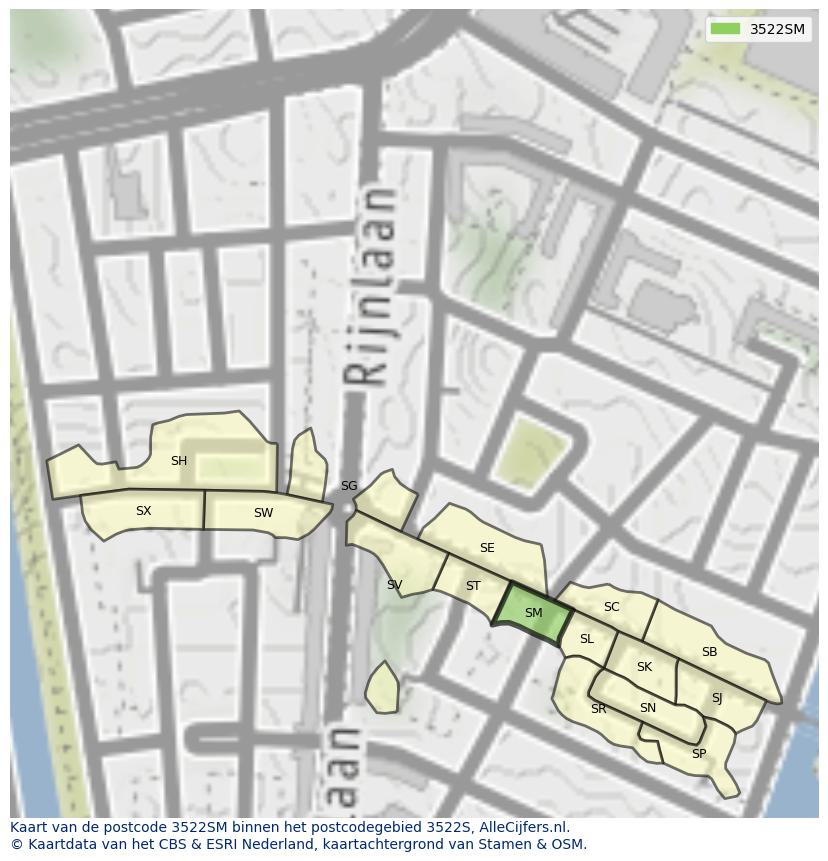 Afbeelding van het postcodegebied 3522 SM op de kaart.