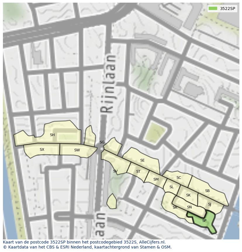 Afbeelding van het postcodegebied 3522 SP op de kaart.